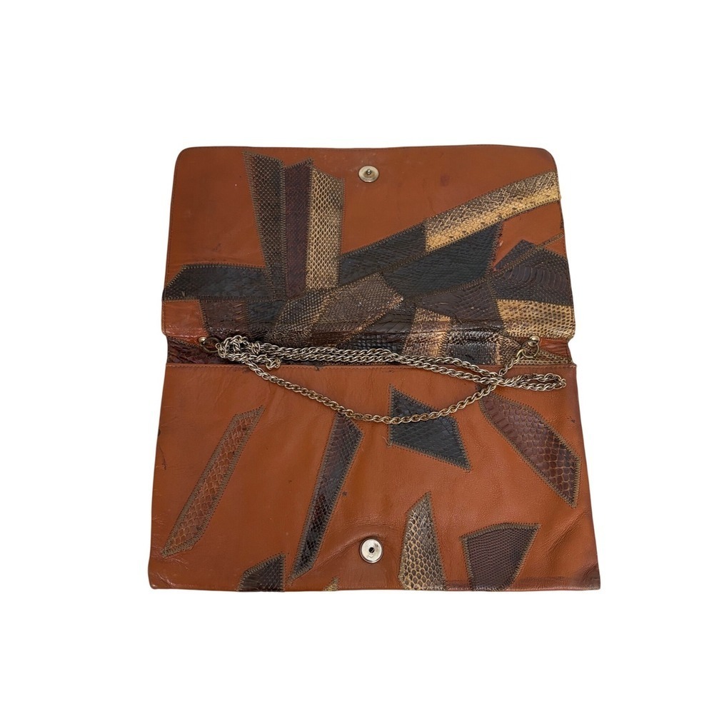 Vintage Patchwork Snakeskin Leather Clutch Brown Exotic Skin Chain Shoulder Bag - Picture 5 of 5